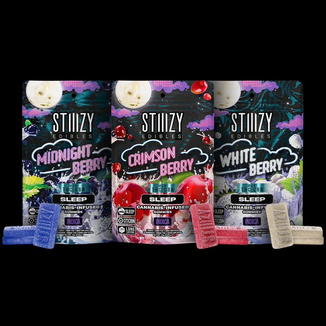 STIIIZY Sleep Edibles Amsterdam bag – 100mg THC + 50mg CBN gummies, berry flavors for nighttime research, discreet Europe shipping